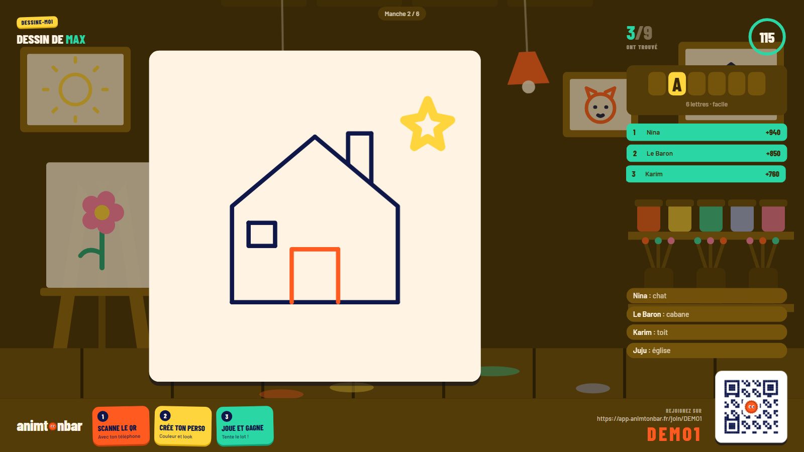 Écran TV du jeu Dessine-moi : une maison dessinée par un joueur, les propositions de la salle à droite